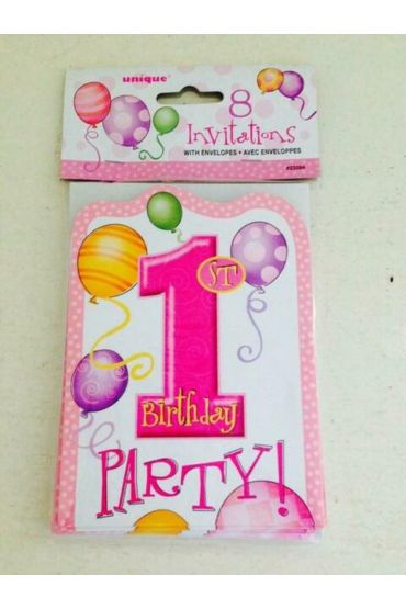 1 Yaş Doğum Günü Partisi Davetiyesi Pembe Renk 8 Adet