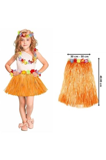 Yetişkin ve Çocuk Uyumlu Turuncu Renk Püsküllü Hawaii Luau Hula Etek 40 cm