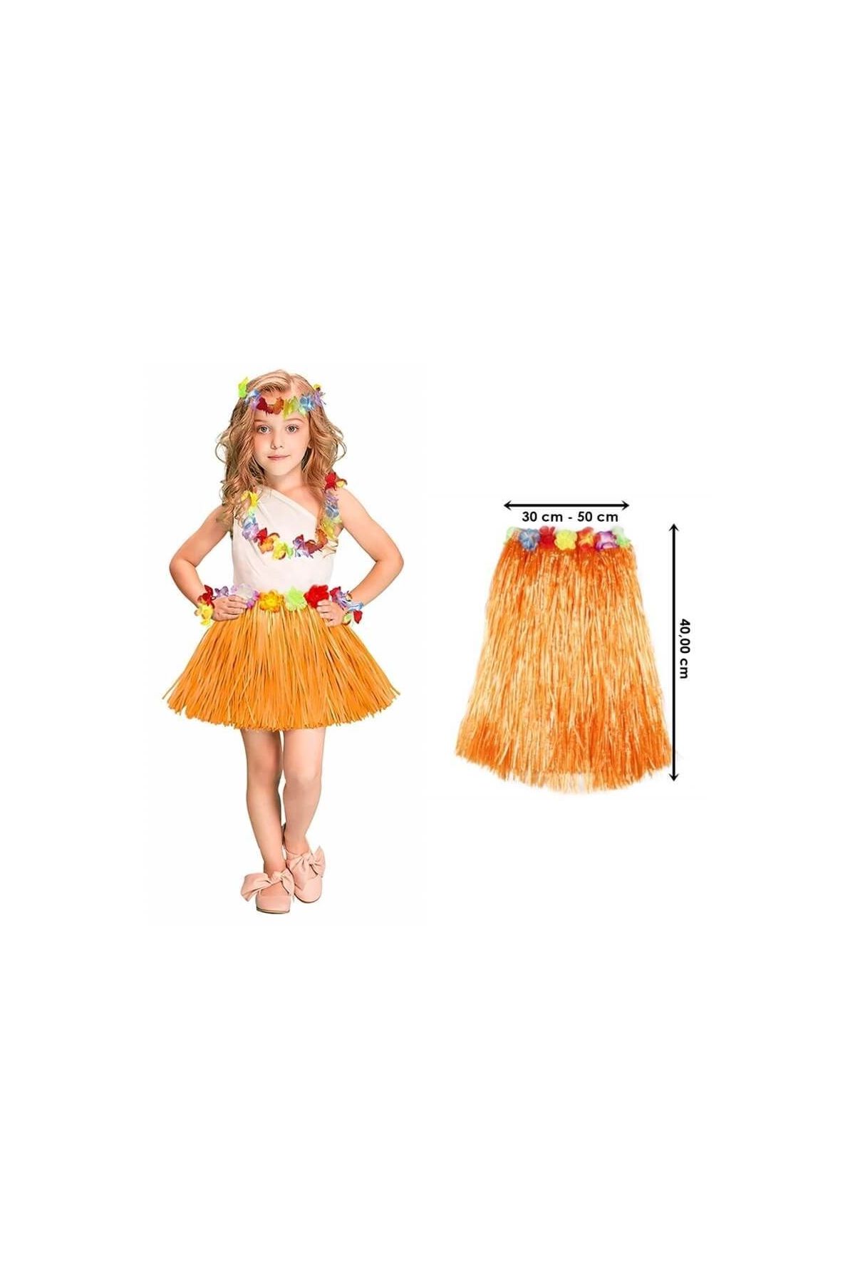 Yetişkin ve Çocuk Uyumlu Turuncu Renk Püsküllü Hawaii Luau Hula Etek 40 cm