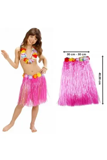 Yetişkin ve Çocuk Uyumlu Pembe Renk Püsküllü Hawaii Luau Hula Etek 40 cm