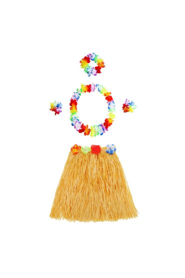 Yetişkin ve Çocuk Uyumlu Luau Aloha Hawaii Turuncu Etek ve Renkli Kolye Taç 2 Adet Bileklik Seti