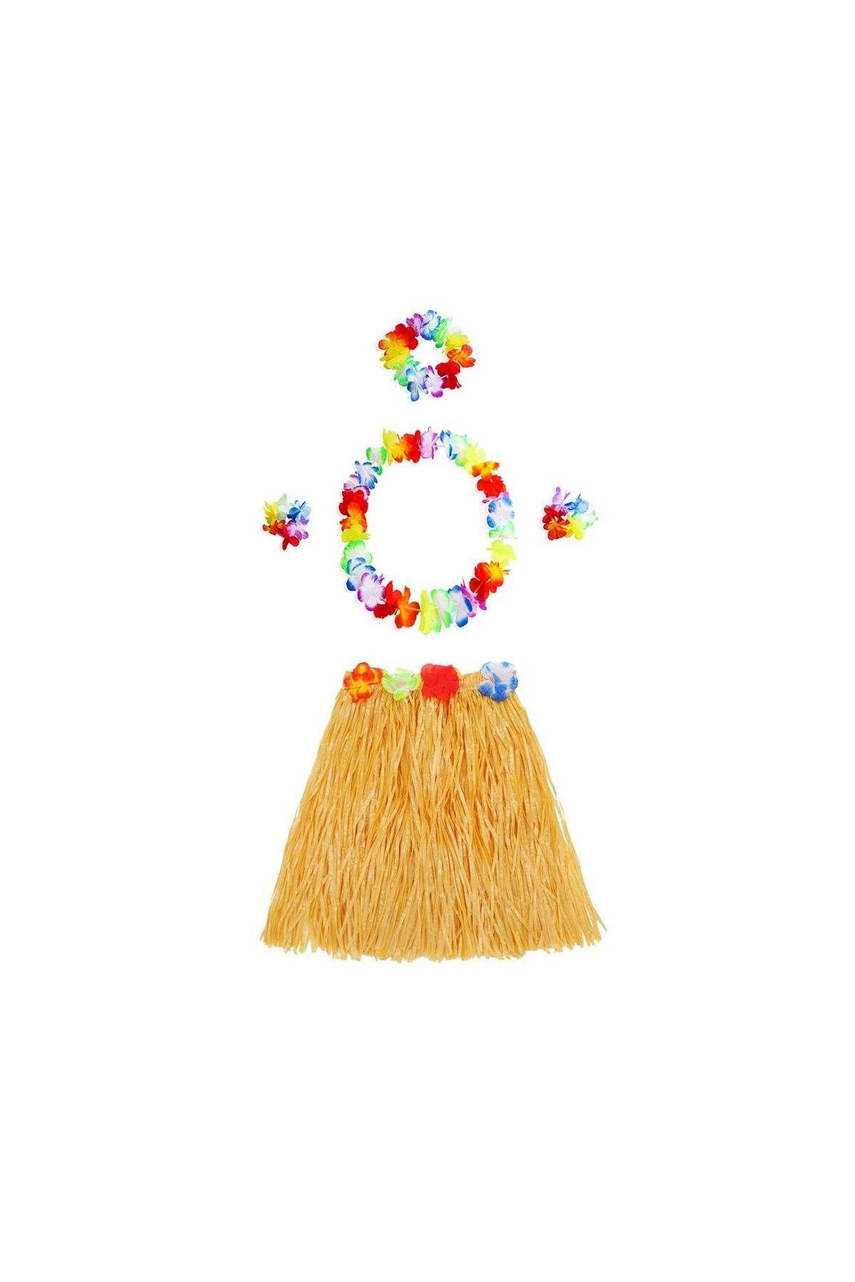 Yetişkin ve Çocuk Uyumlu Luau Aloha Hawaii Turuncu Etek ve Renkli Kolye Taç 2 Adet Bileklik Seti