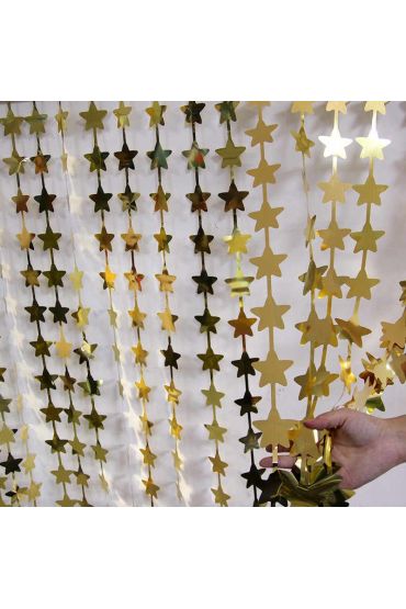 Altın Renk Yıldız Şekilli Metalize Saçaklı Arka Fon Perde Dekorasyon