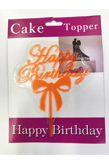 Happy Birthday Yazılı Fiyonklu Pasta Kek Çubuğu Turuncu Renk