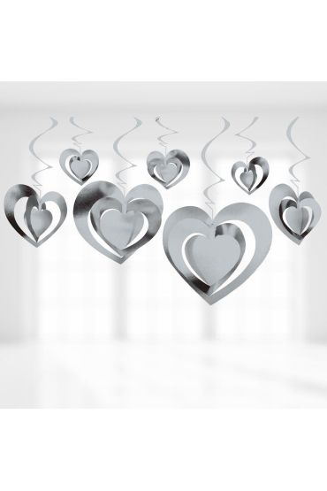 3 Boyutlu Spiralli Gümüş Renk Kalp Şekilli Tavan Asma Süsü 12 Adet