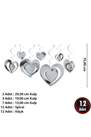 3 Boyutlu Spiralli Gümüş Renk Kalp Şekilli Tavan Asma Süsü 12 Adet