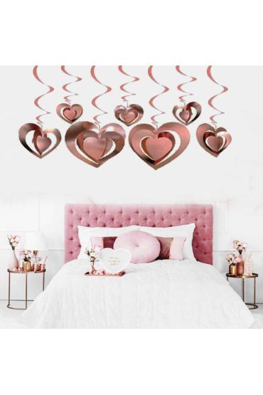3 Boyutlu Spiralli Rose Renk Kalp Şekilli Tavan Asma Süsü 12 Adet