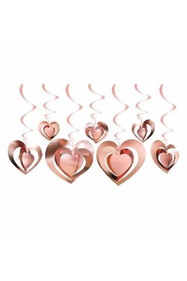 3 Boyutlu Spiralli Rose Renk Kalp Şekilli Tavan Asma Süsü 12 Adet