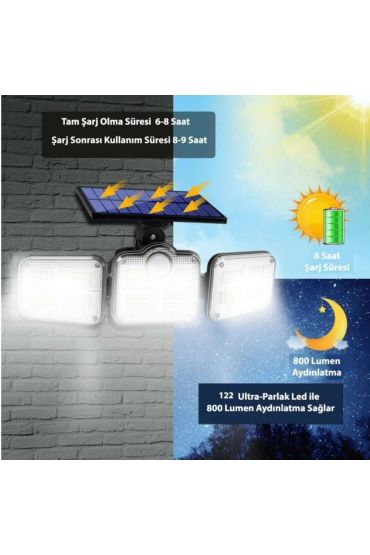 Kumandalı Solar Güneş Enerjili 122 Ledli Hareket Sensörlü Bahçe Aydınlatma Sokak Lambası