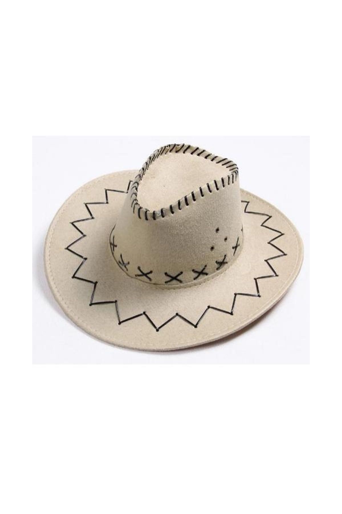 Bağcıklı Yetişkin Boy Nubuk Süet Kovboy Şapkası Krem Renk