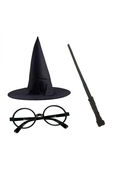 Harry Potter Siyah Şapkası Harry Potter Gözlüğü Harry Potter Asası 3 lü Set