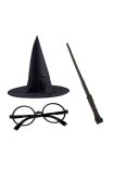 Harry Potter Siyah Şapkası Harry Potter Gözlüğü Harry Potter Asası 3 lü Set