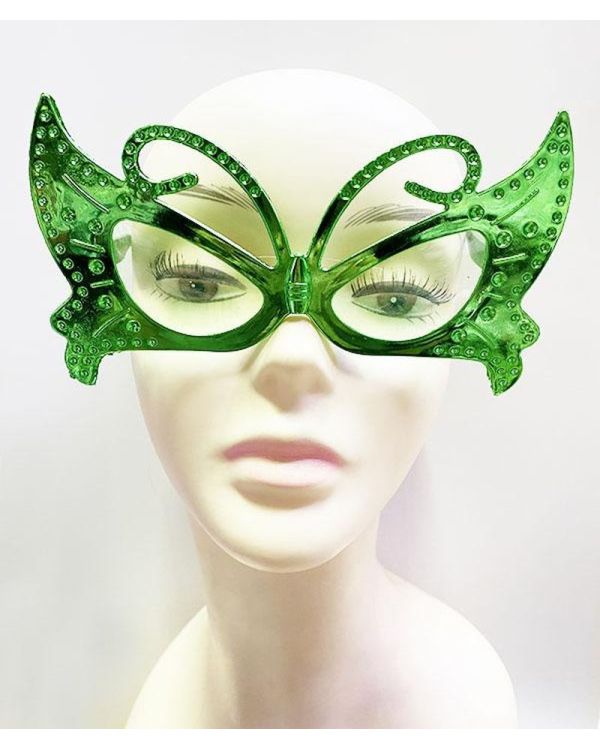Metalize Kelebek Şekilli Parlak Parti Gözlüğü Yeşil Renk 15x9 cm