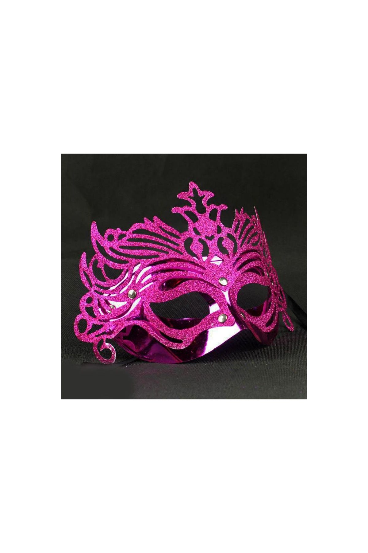 Metalik Fuşya Pembe Renk Masquerade Kelebek Simli Parti Maskesi 23x14 cm