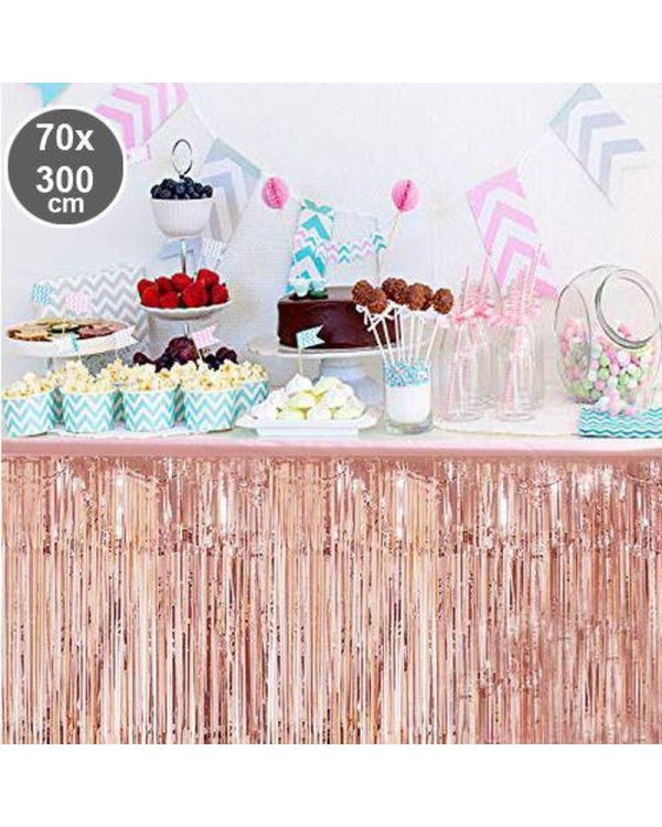 Püsküllü Işıltılı Metalize Rose Renk Masa Eteği 70x300 cm