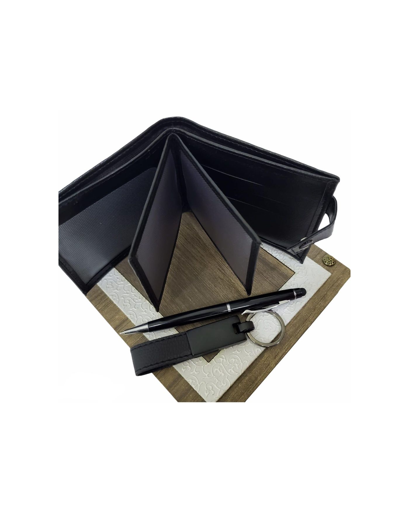 Ahşap Kutulu Erkeğe 3'lü Kalem Cüzdan Anahtar Hediye Seti