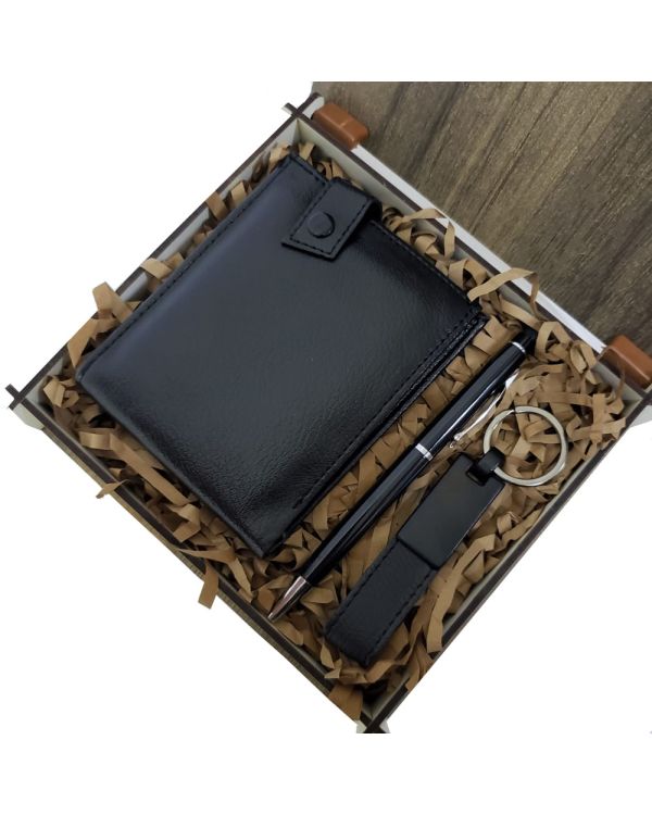 Ahşap Kutulu Erkeğe 3'lü Kalem Cüzdan Anahtar Hediye Seti