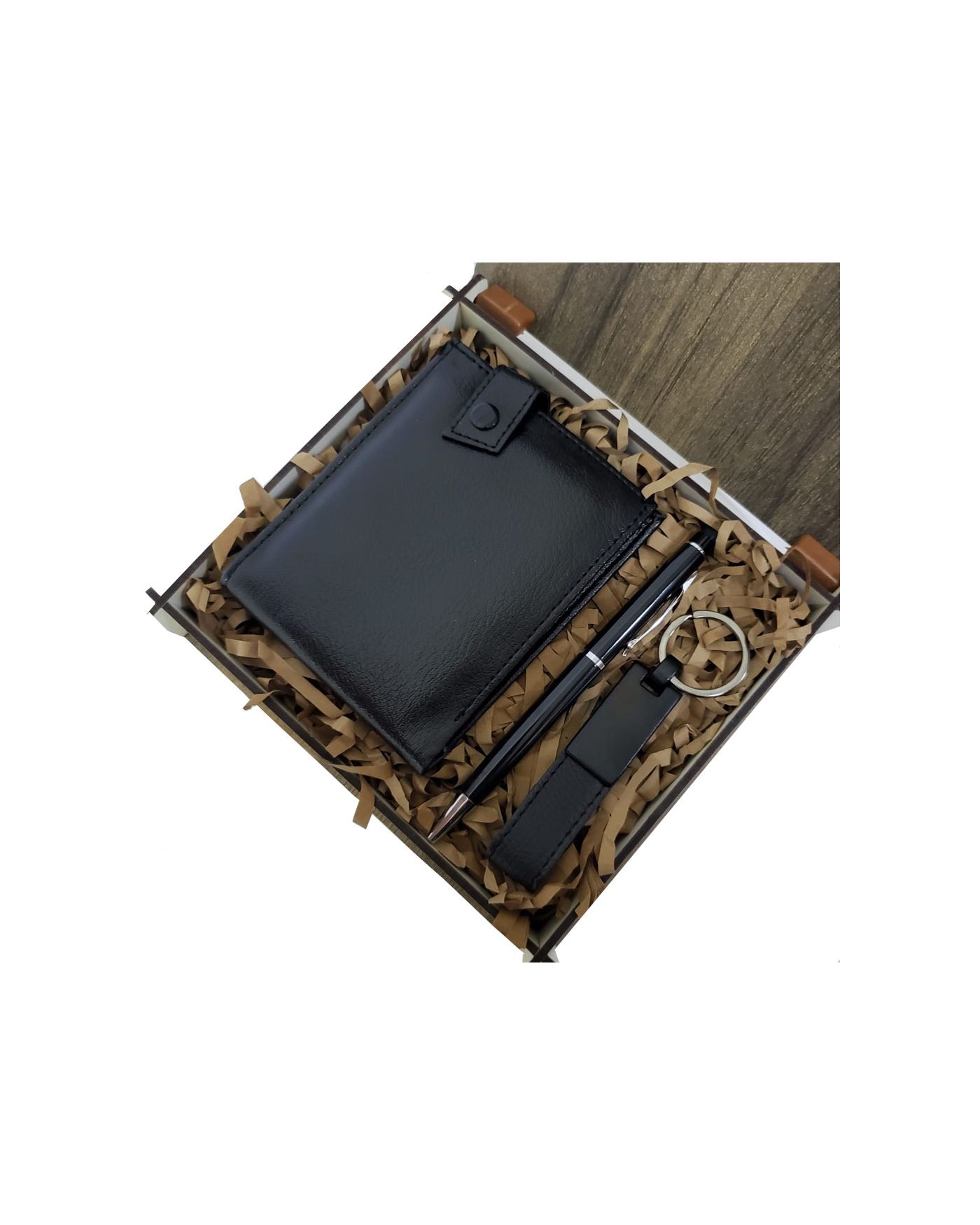 Ahşap Kutulu Erkeğe 3'lü Kalem Cüzdan Anahtar Hediye Seti