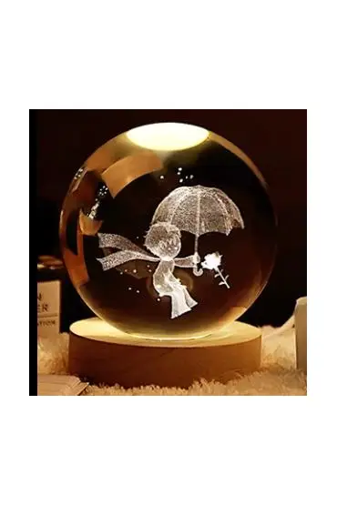 Dekoratif Küçük Prens Tasarımlı Ahşap Altlıklı Işıklı Cam Küre Cam:6cm Ahşap:2cm