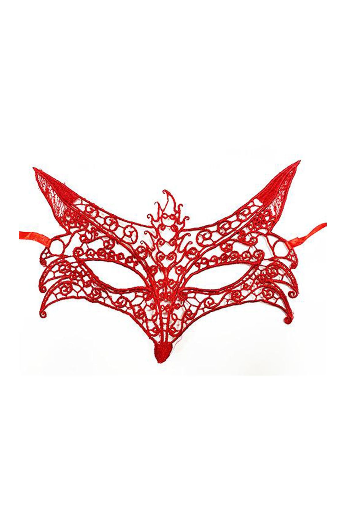 Kırmızı Renk Dantel Örgü İşlemeli Parti Maskesi Model 4