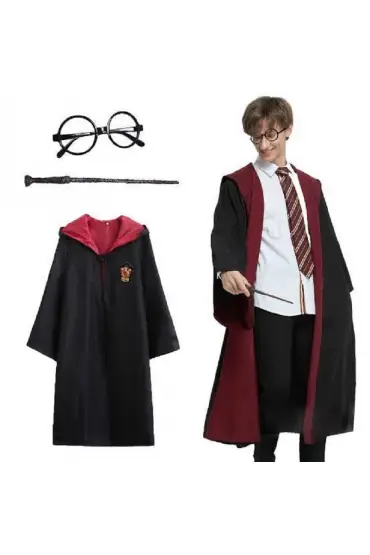 Harry Potter Gryffindor Kapişonlu Çocuk Kostüm + Asa + Gözlük Seti 7-8 Yaş