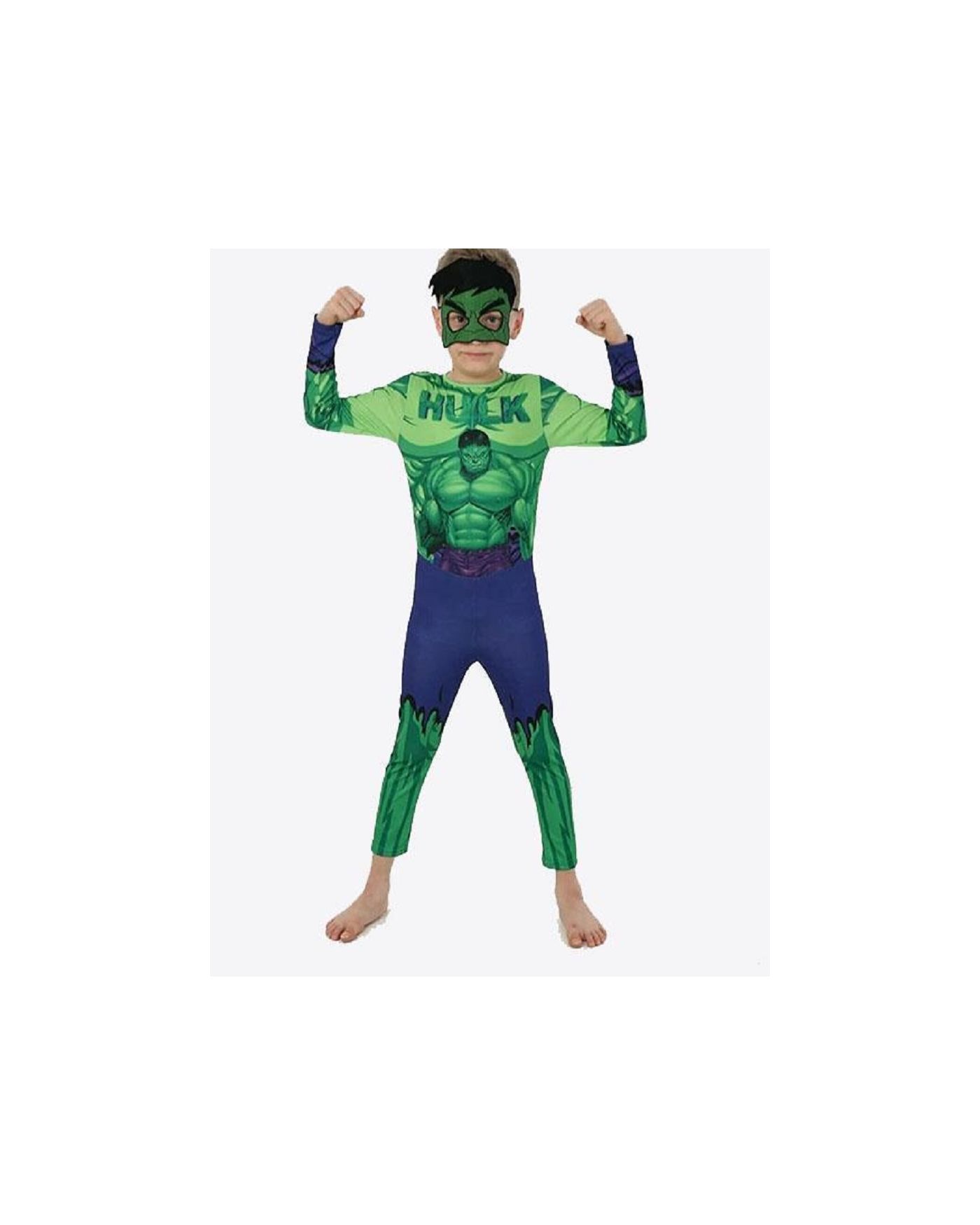 Yeşil Maskeli Baskılı Hulk Kostümü Çocuk Boy - Yeşil Dev Kostümü 11-12 Yaş