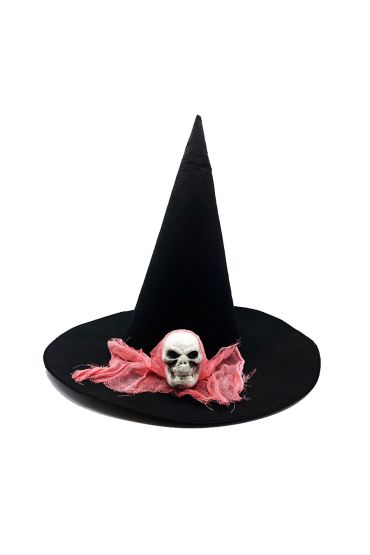 Siyah Renk Pembe Duvaklı Kuru Kafa Temalı Cadı Şapkası 35x38 cm