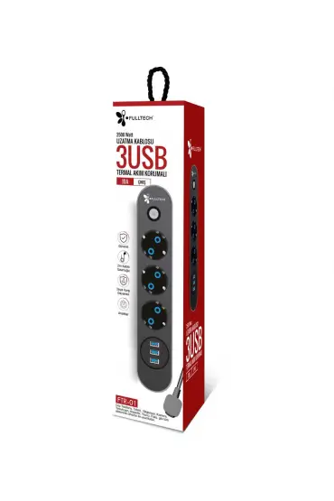 3 Priz, 3XUSB 2mt Kablo, Anahtarlı 10A Akım Korumalı Priz TGFTR01