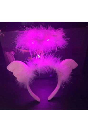 Pembe Kanatlı Pembe Tüylü Led Işıklı 3 Fonksiyonlu Melek Hare Taç 20x25 cm