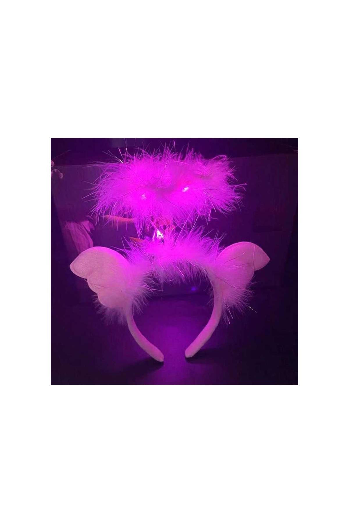 Pembe Kanatlı Pembe Tüylü Led Işıklı 3 Fonksiyonlu Melek Hare Taç 20x25 cm