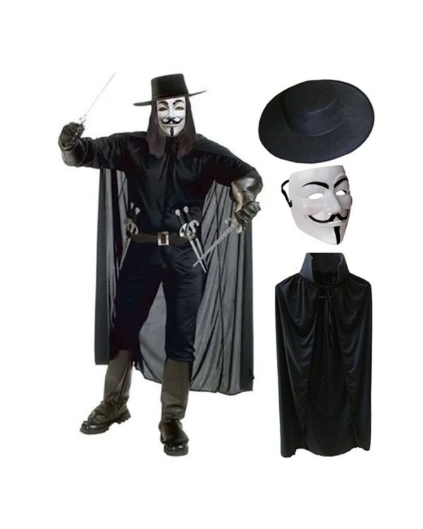 V For Vendetta Maskesi Şapkası ve Pelerin Kostüm Seti Yetişkin Boy