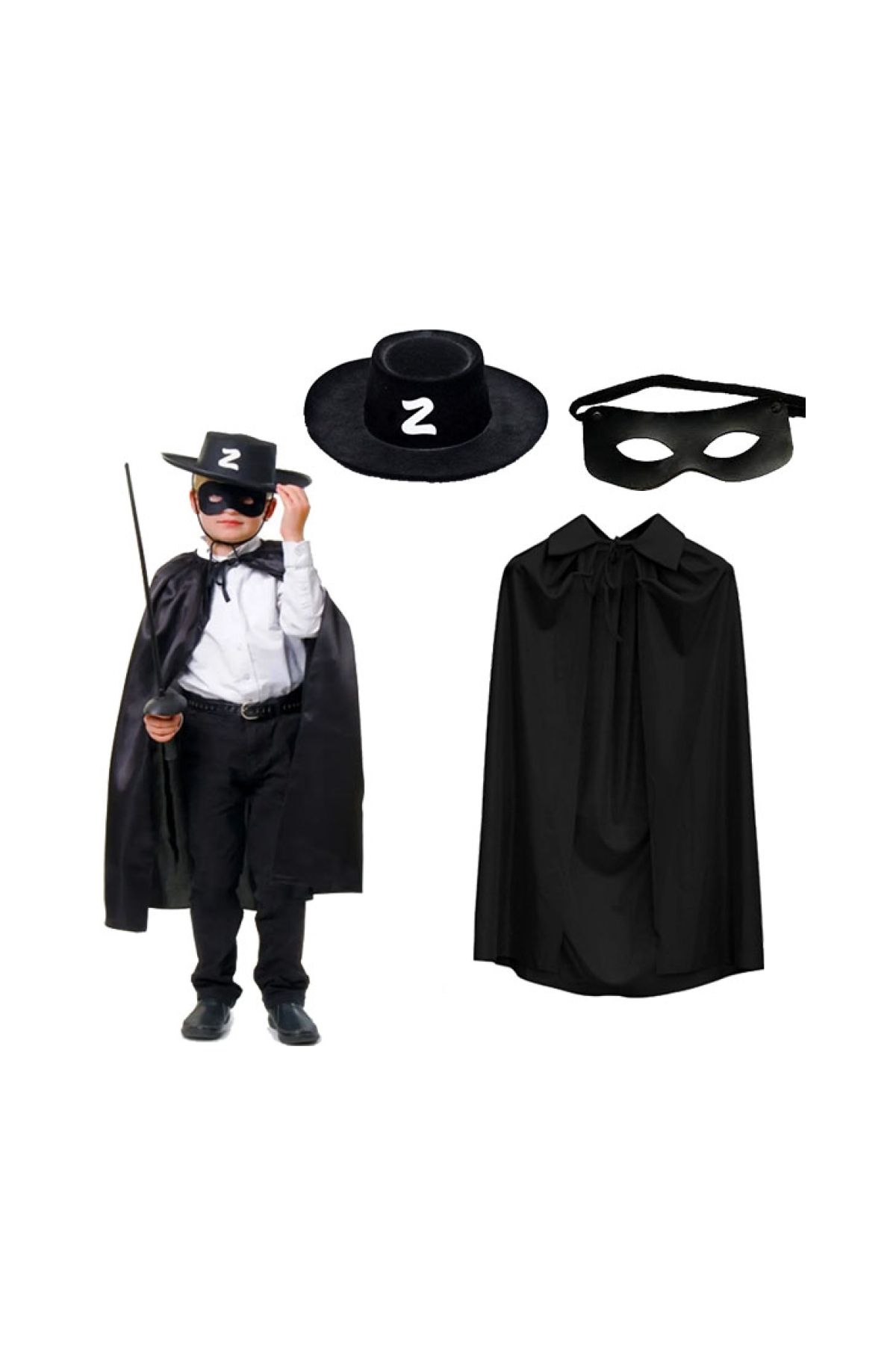 Zorro Pelerini Şapkası ve Maske Seti Çocuk Boy