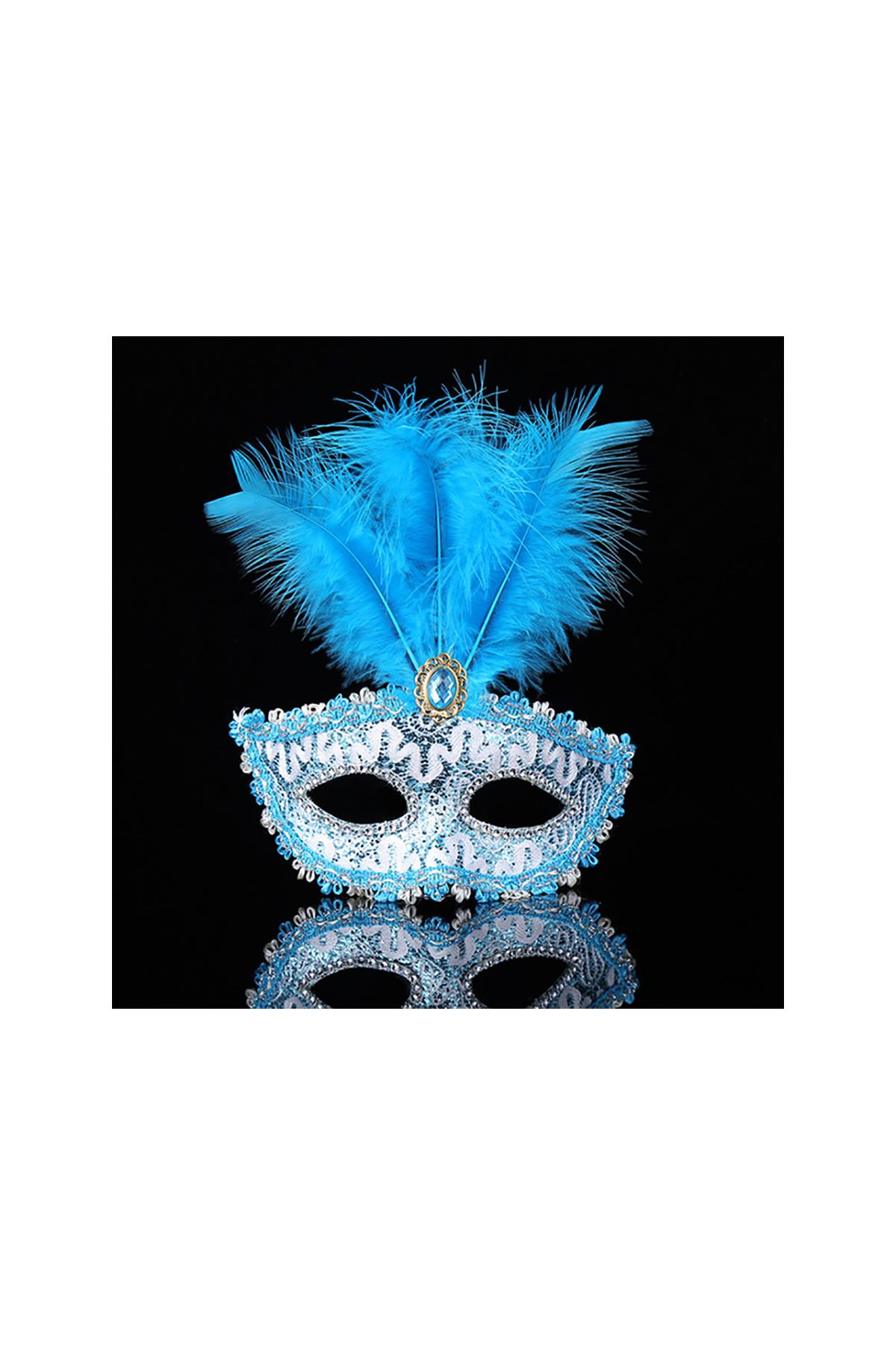 Mavi Dantel İşlemeli Mavi Tüylü Balo Parti Maskesi 17x20 cm