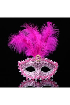 Pembe Dantel İşlemeli Pembe Tüylü Balo Parti Maskesi 17x20 cm