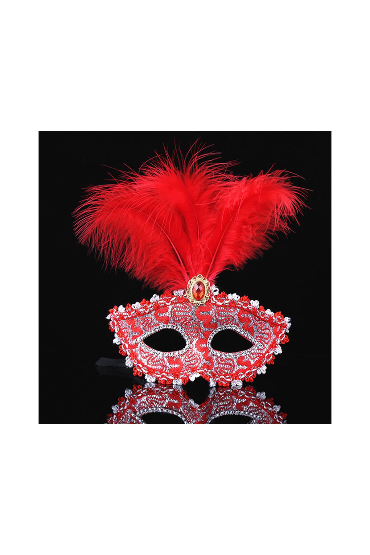 Kırmızı Dantel İşlemeli Kırmızı Tüylü Balo Parti Maskesi 17x20 cm