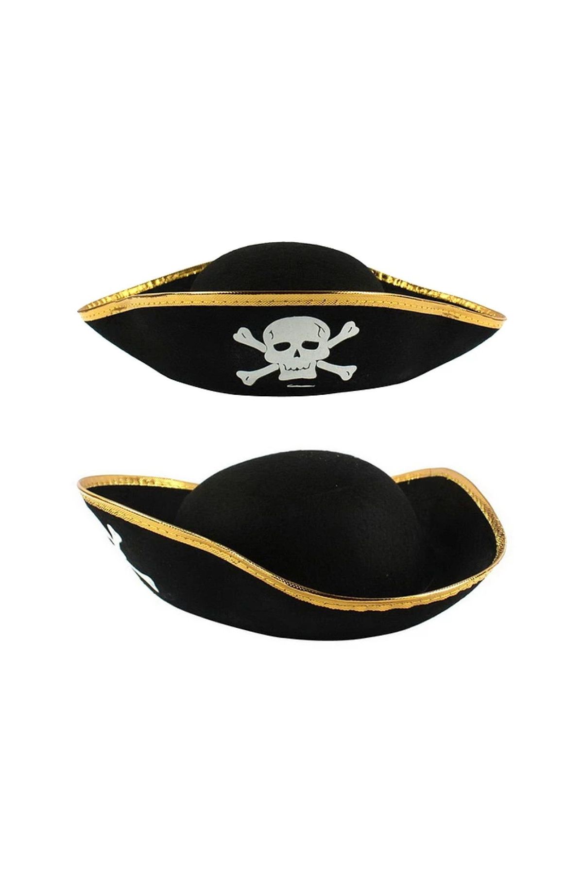 Altın Şeritli Siyah Renk Yayvan Korsan Şapkası Yetişkin 32x24 cm
