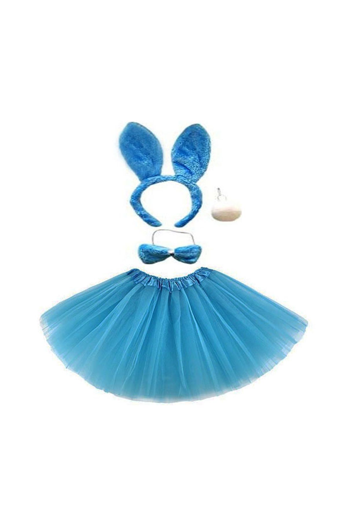 Tavşan Tacı Eteği Papyonu ve Kuyruk Kostüm Seti Mavi Renk Çocuk Boy