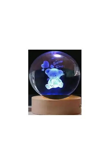 Dekoratif Ayıcık Tasarımlı Ahşap altlıklı Işıklı Cam Küre Büyük Boy Cam:8cm Ahşap:2cm