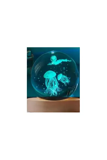 Dekoratif Deniz Anası Tasarımlı Ahşap altlıklı Işıklı Cam Küre Cam:6cm Ahşap:2cm