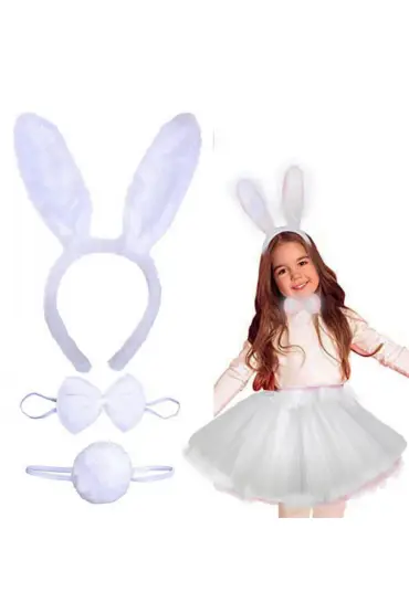 Tavşan Tacı Eteği Papyonu ve Kuyruk Kostüm Seti Beyaz Renk Çocuk Boy