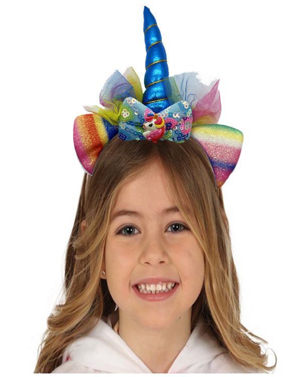 Mavi Renk Boynuzlu Payetli Fiyonklu Unicorn Tacı 17x27 cm