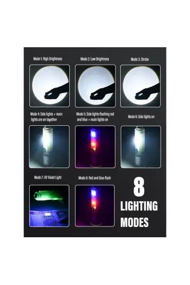 Profesyonel TG LED Güçlü 8 Modlu Type-C 1000 Lümen Polis Çakarlı Şarjlı El Feneri