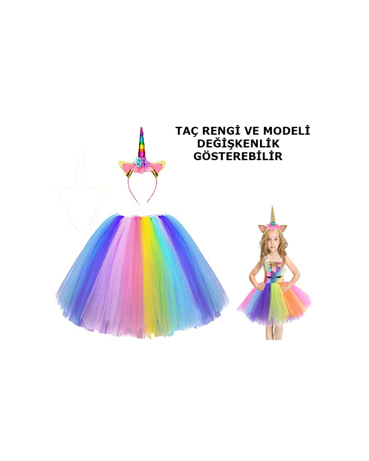 Unicorn Tütü Etek ve Taç Seti - Unicorn Kostüm Seti Çocuk Boy