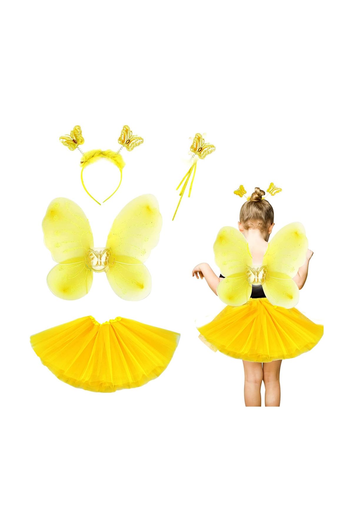 Sarı Kelebek Kostümü Çocuk - Sarı Kelebek Kostüm Aksesuar Seti 4 Parça