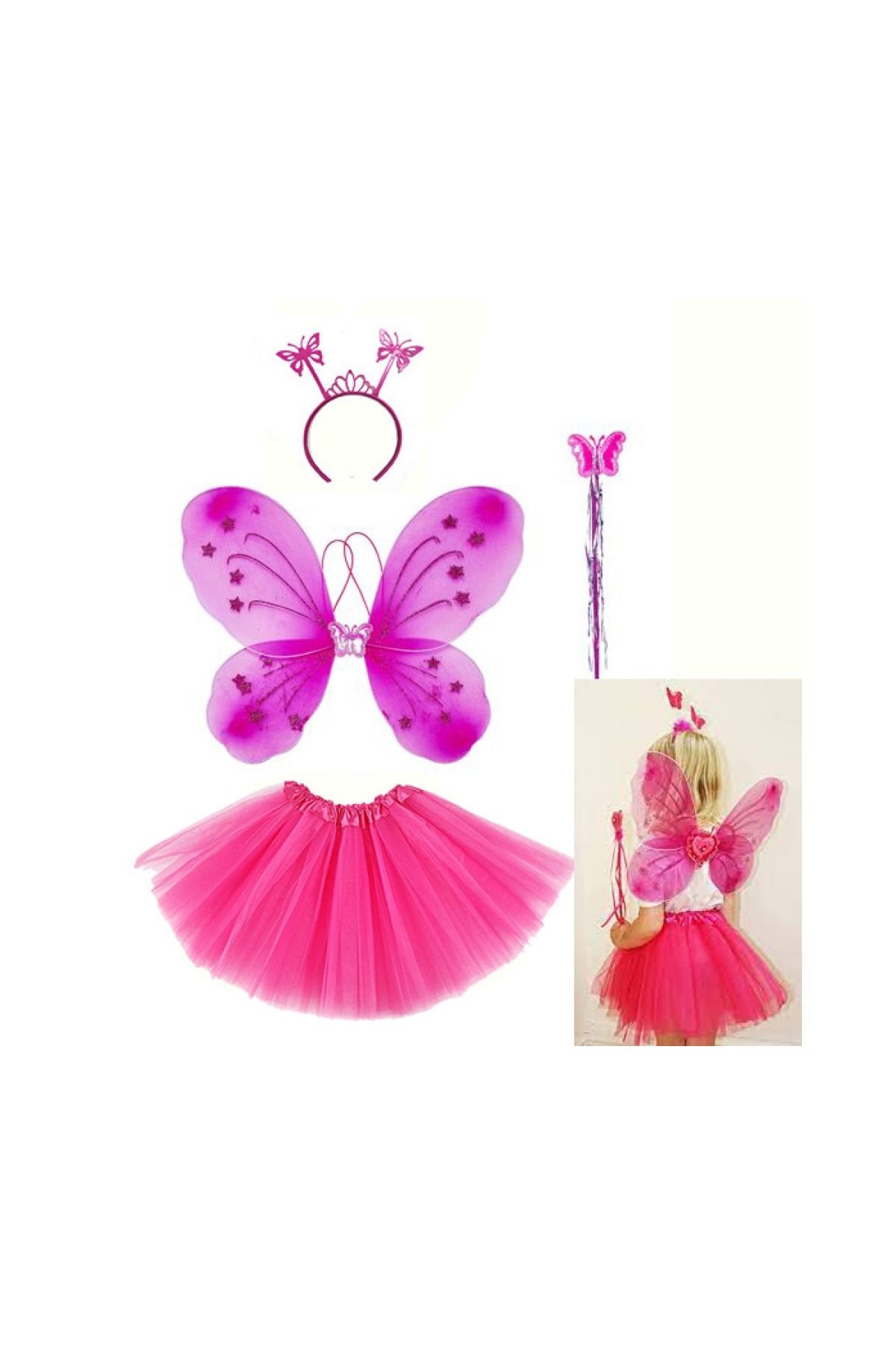 Fuşya Kelebek Kostümü - Fuşya Kelebek Kostüm Aksesuar Seti 4 Parça