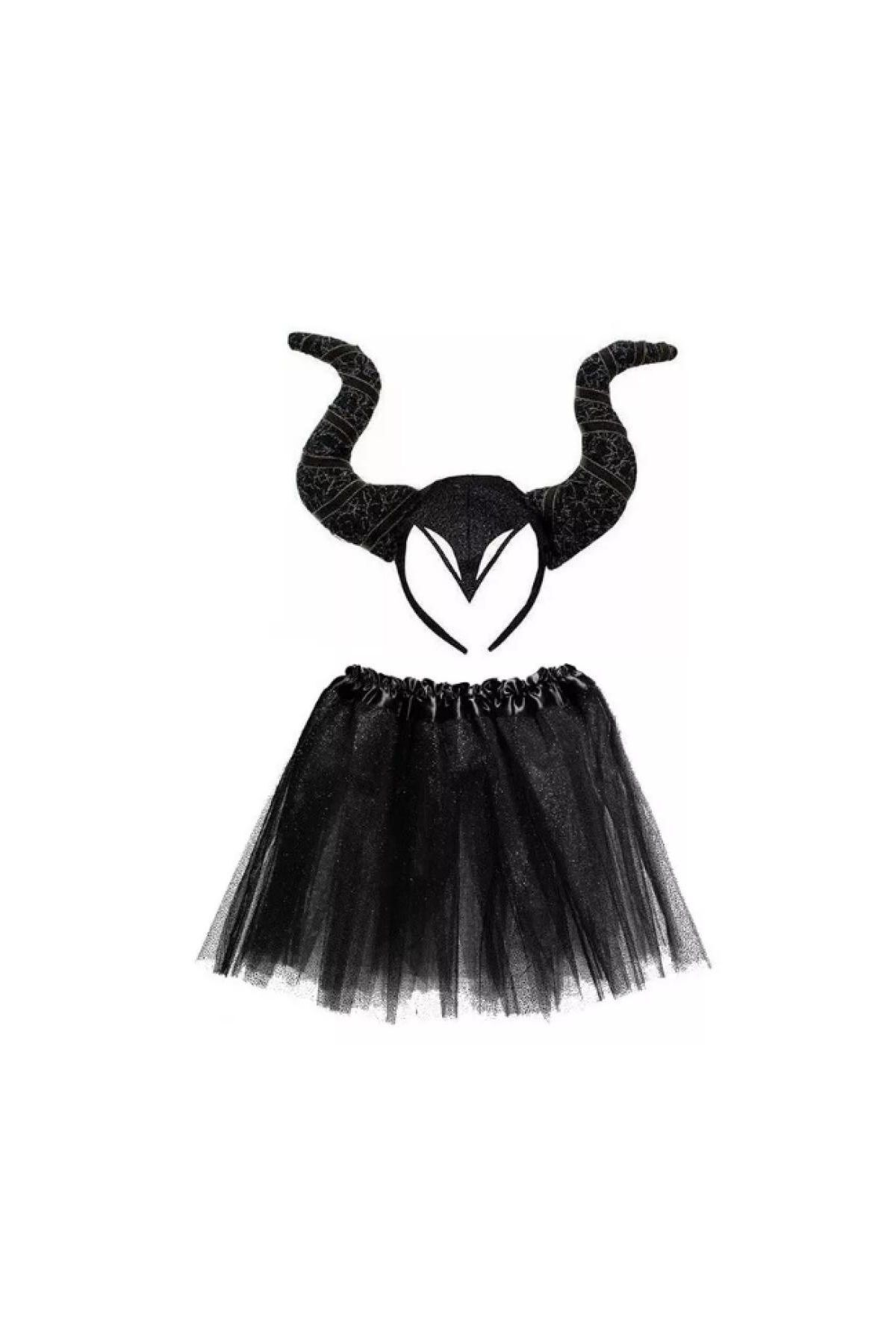 Siyah Renk Motif İşlemeli Malefiz Tacı ve Etek Seti Çocuk Boy