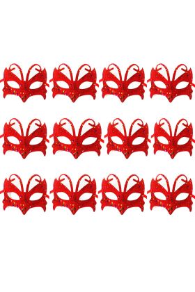 Kırmızı Renk Arkadan Bağlamalı Simli Parti Balo Maskesi 12 Adet