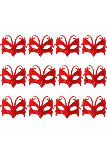 Kırmızı Renk Arkadan Bağlamalı Simli Parti Balo Maskesi 12 Adet