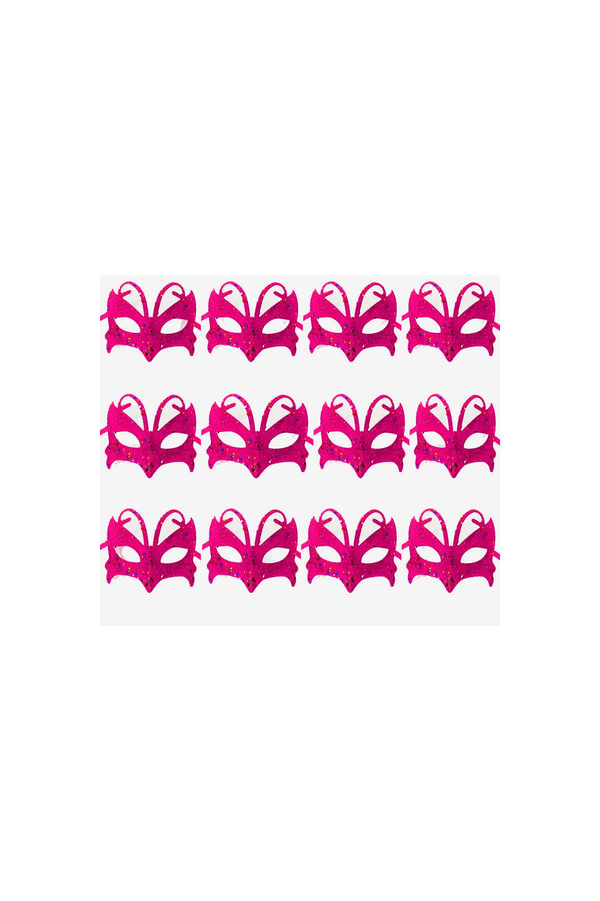 Pembe Renk Arkadan Bağlamalı Simli Parti Balo Maskesi 12 Adet