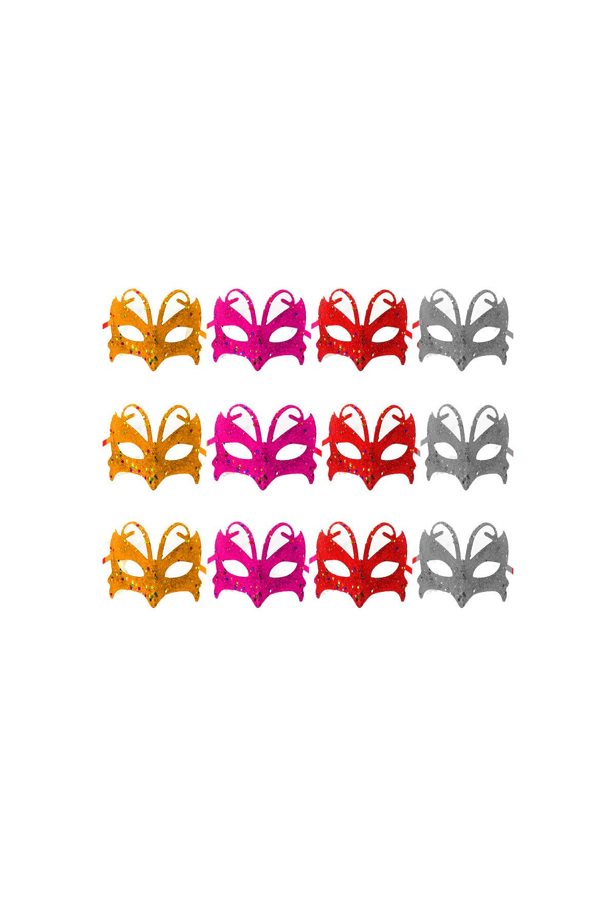 Simli Metalize İşlemeli Maskeli Balo Partisi 4 Renk Maske 12 Adet